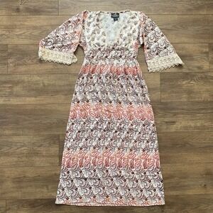 Angie Women's XS Floral Lace 3/4 Sleeve Slit V-Neck Boho Stretch Prairie Dress